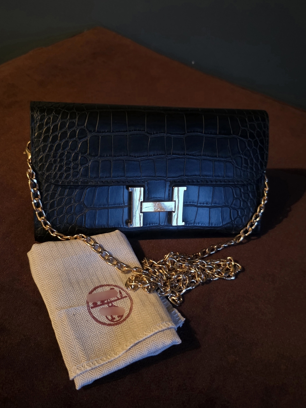 Black Croc-Embossed Constance Wallet on Chain